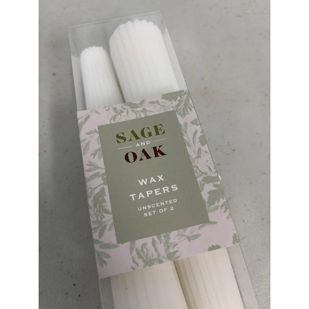 Sage and Oak White Ribbed Wax Taper Candles Unscented Set of 2 Fluted Design NEW